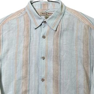 Tommy Bahama Shirt Mens XL Linen Blue White Stripe Button Up Long Sleeve